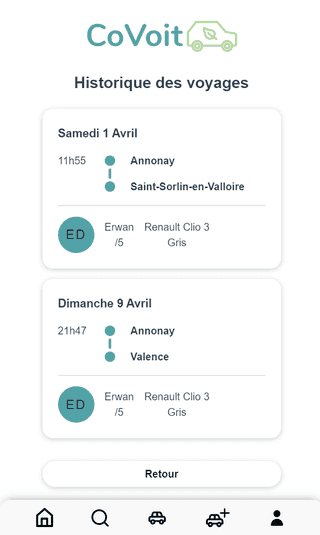 Capture d'écran de Historique des voyages du projet Covoit - Erwan Decoster.