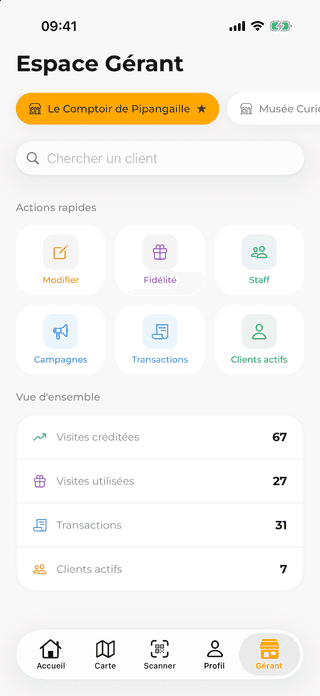 Capture d'écran de Espace gérant du projet Fidee App - Erwan Decoster.
