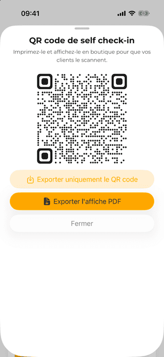 Capture d'écran de QR code de self check-in du projet Fidee App - Erwan Decoster.