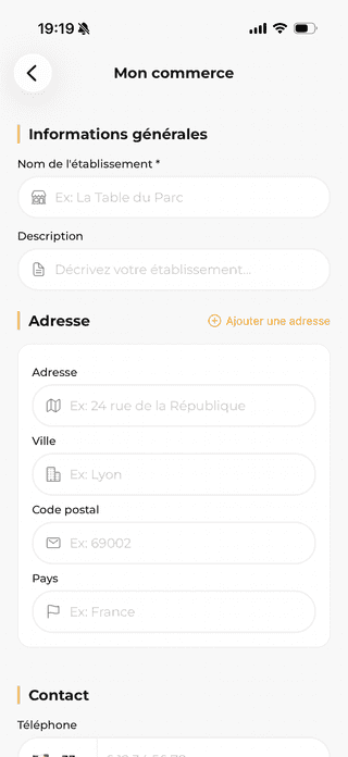 Capture d'écran de Ajouter un établissement du projet Fidee App - Erwan Decoster.