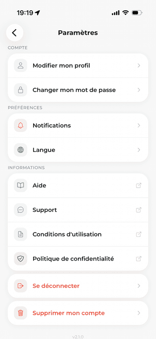 Capture d'écran de Profil et paramètres du projet Fidee App - Erwan Decoster.